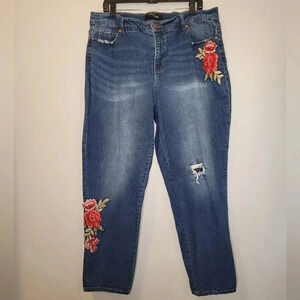STITCH STAR distressed denim stretchy blue jeans large floral appliques Wmn 18w